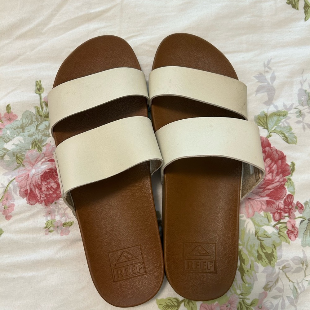 Reef Women's Brown Footbed White Double-Strap Slide Sandals